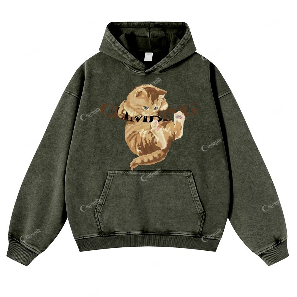 Colordate Cute Cat Print Casual Washed Hoodie