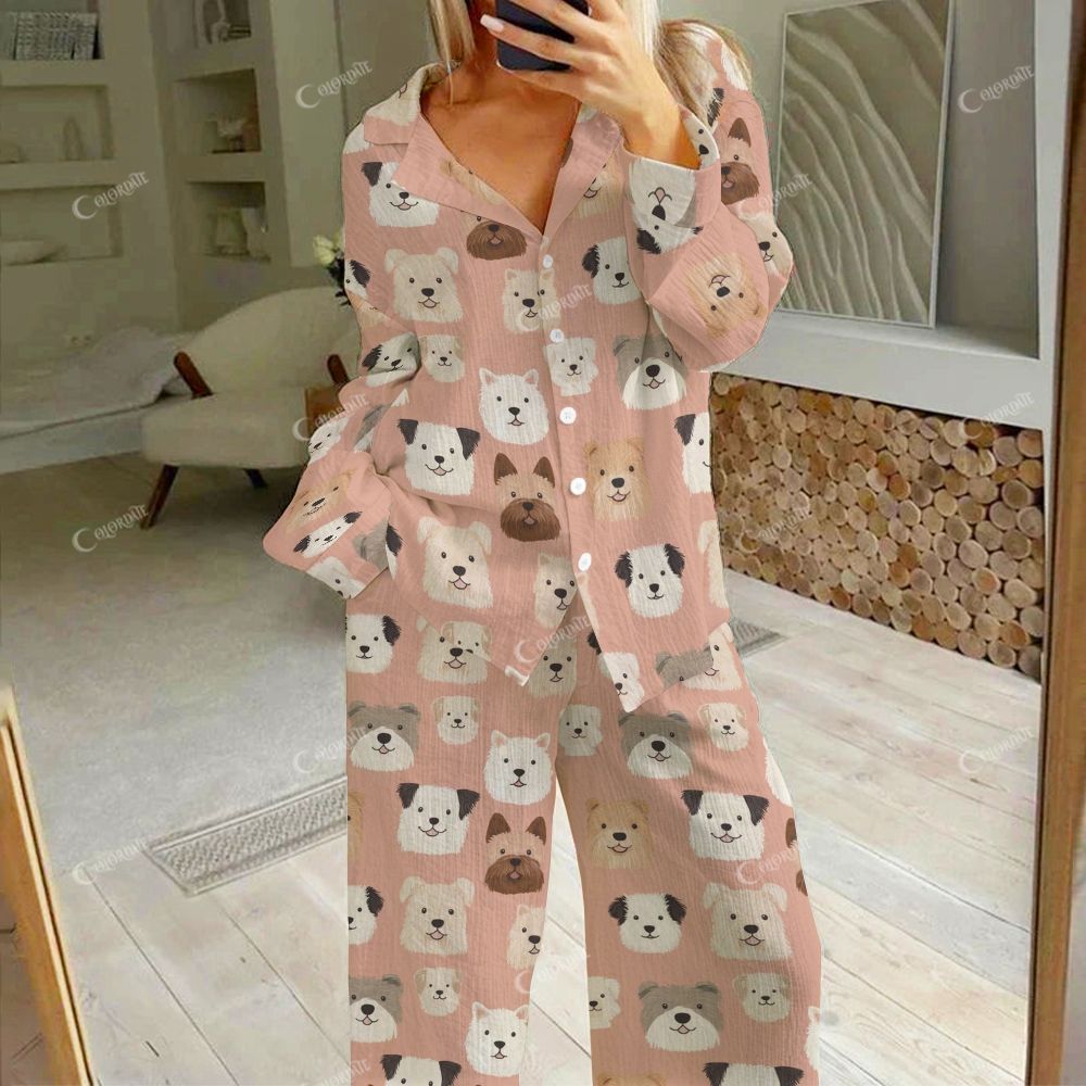 Colordate Women's Cute Dog Print Cotton Cardigan Homewear Set