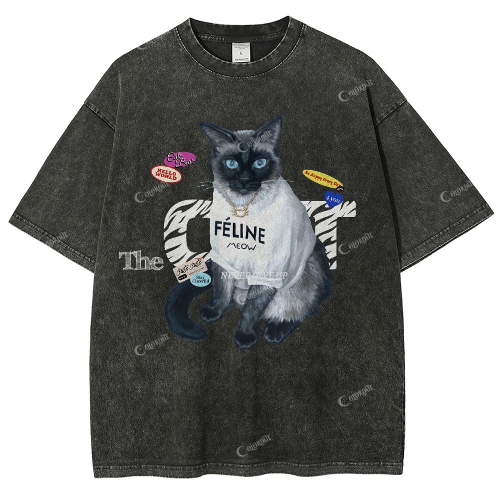 Colordate Unisex Cute Cat Printed Washed Tee