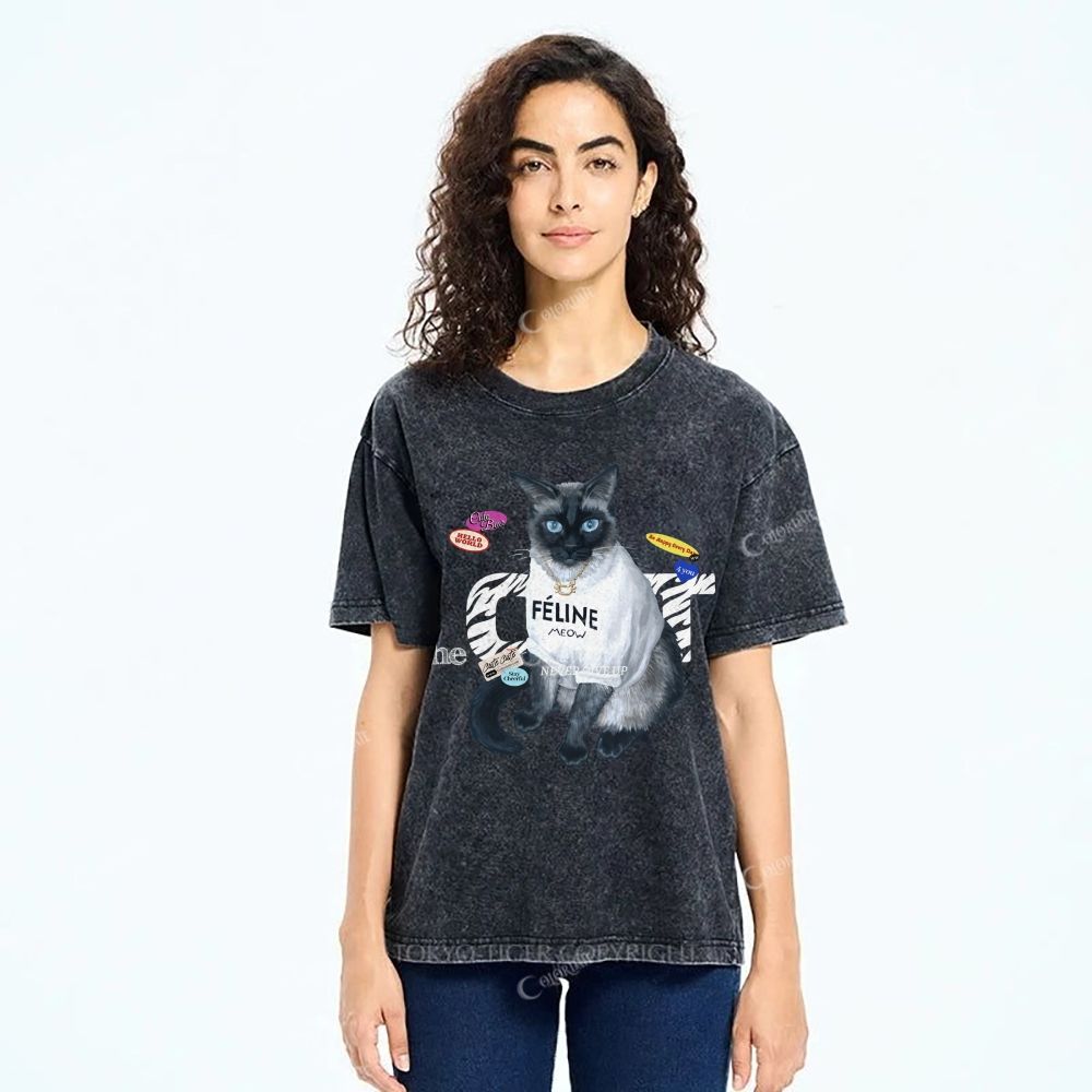 Colordate Unisex Cute Cat Printed Washed Tee