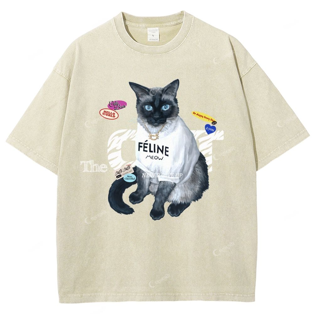 Colordate Unisex Cute Cat Printed Washed Tee