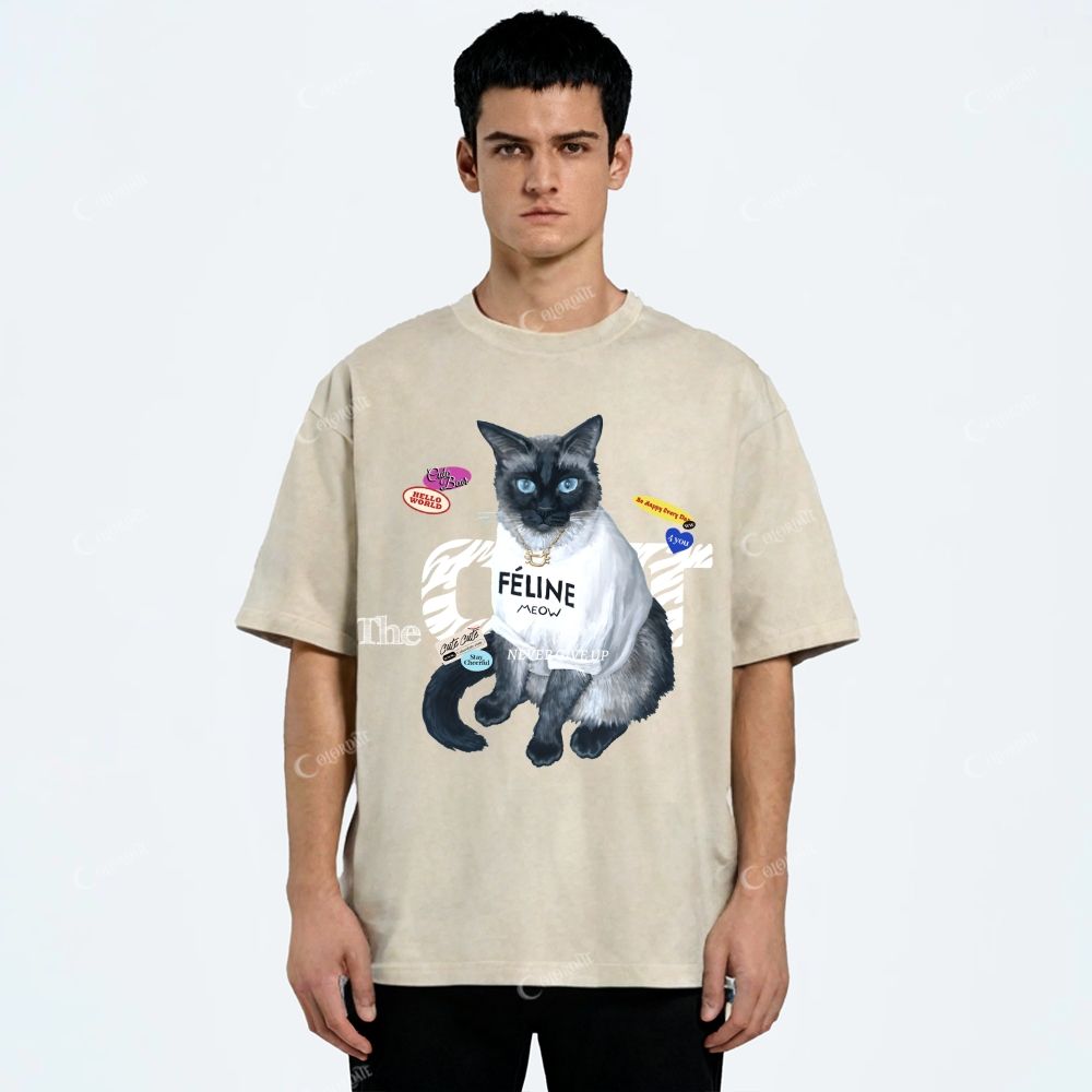Colordate Unisex Cute Cat Printed Washed Tee