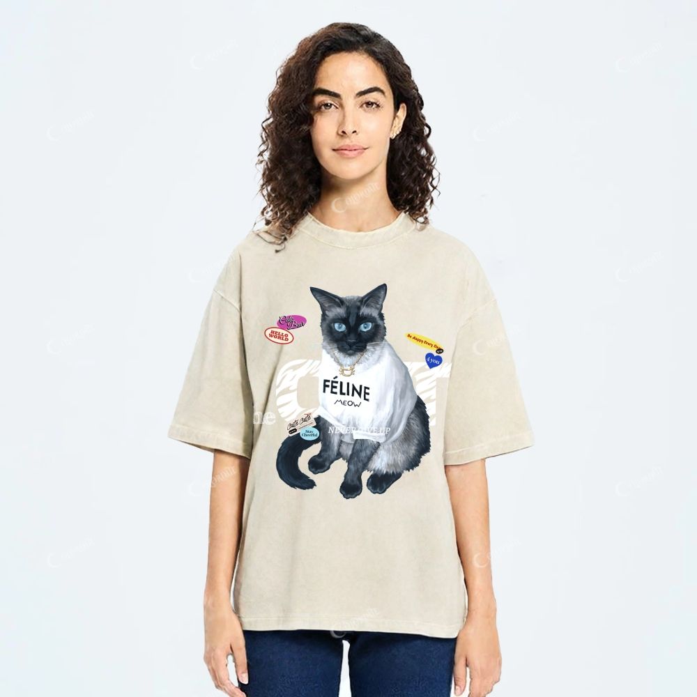 Colordate Unisex Cute Cat Printed Washed Tee