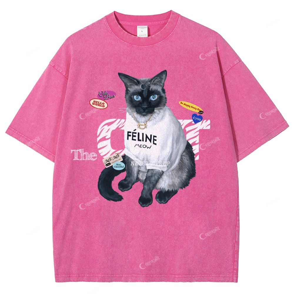 Colordate Unisex Cute Cat Printed Washed Tee