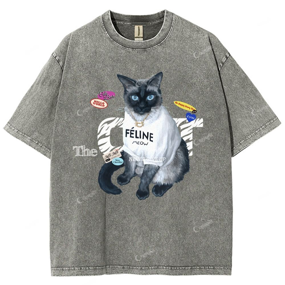 Colordate Unisex Cute Cat Printed Washed Tee
