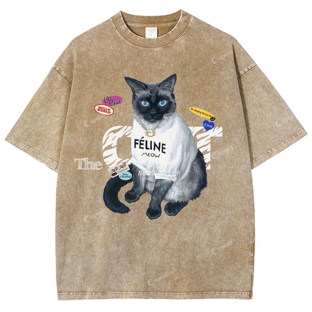 Colordate Unisex Cute Cat Printed Washed Tee