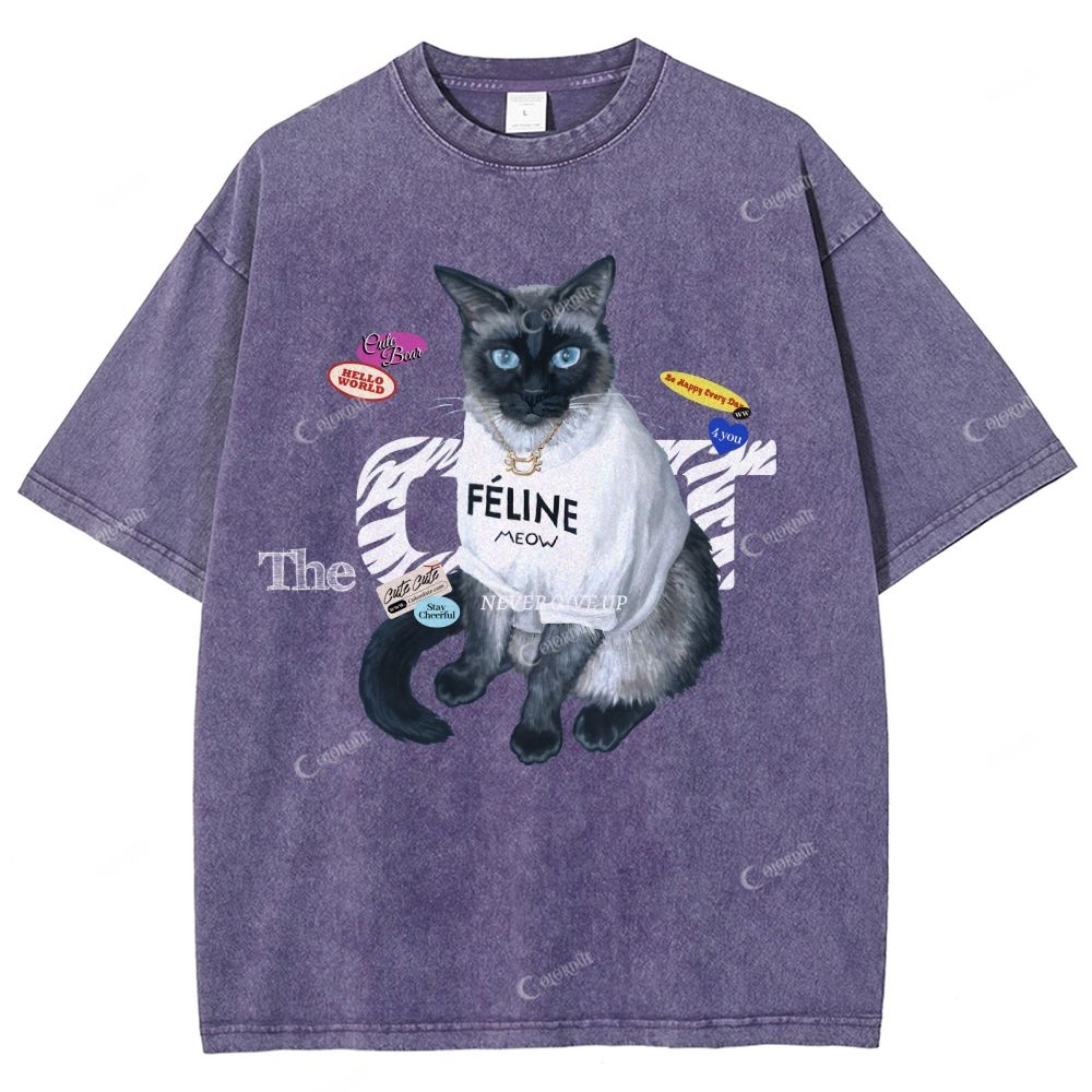 Colordate Unisex Cute Cat Printed Washed Tee