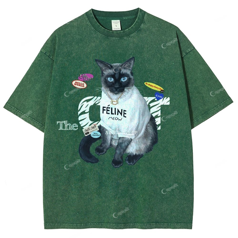 Colordate Unisex Cute Cat Printed Washed Tee