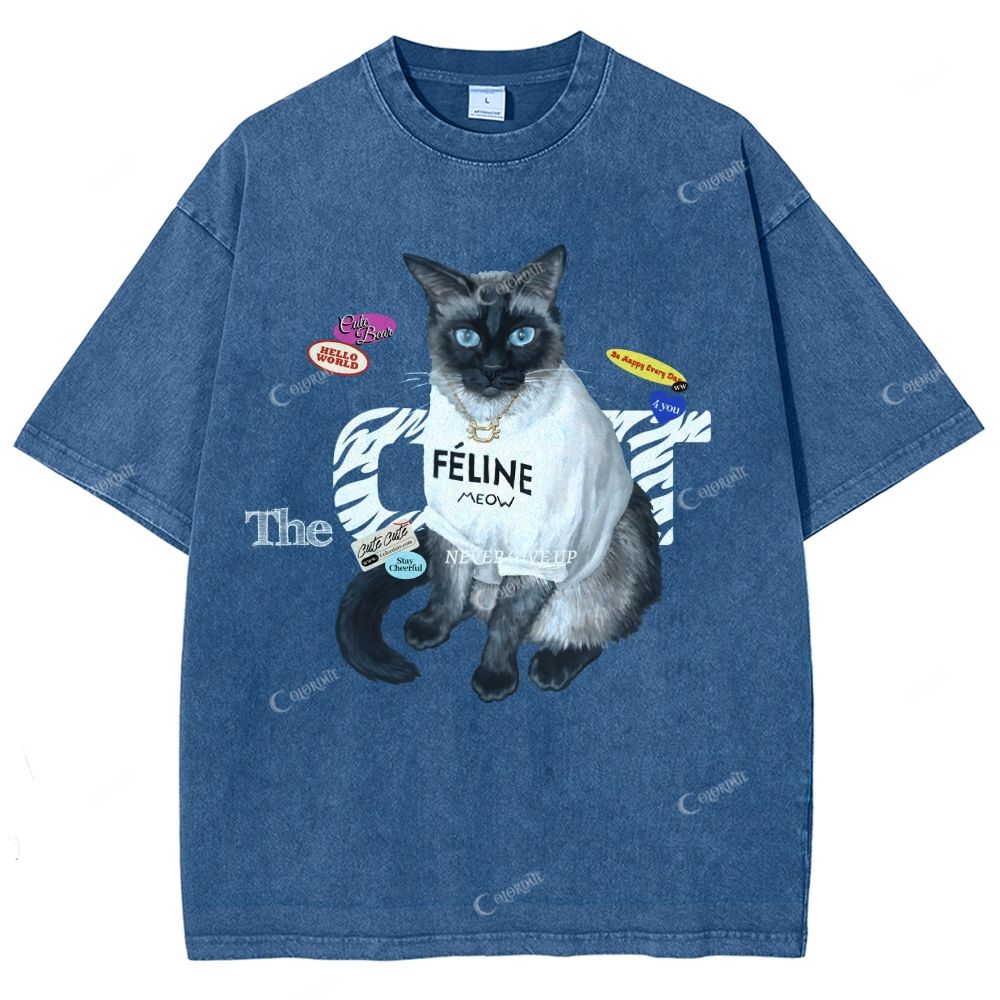 Colordate Unisex Cute Cat Printed Washed Tee