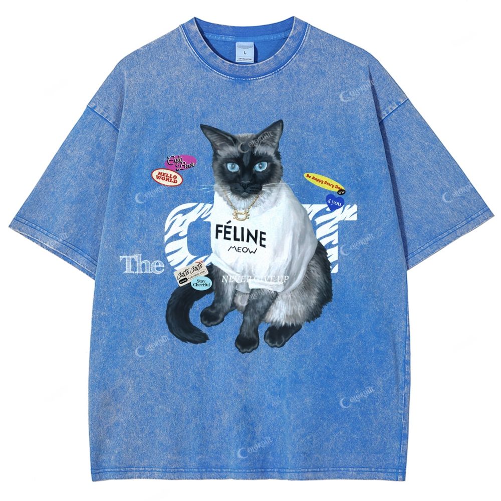 Colordate Unisex Cute Cat Printed Washed Tee