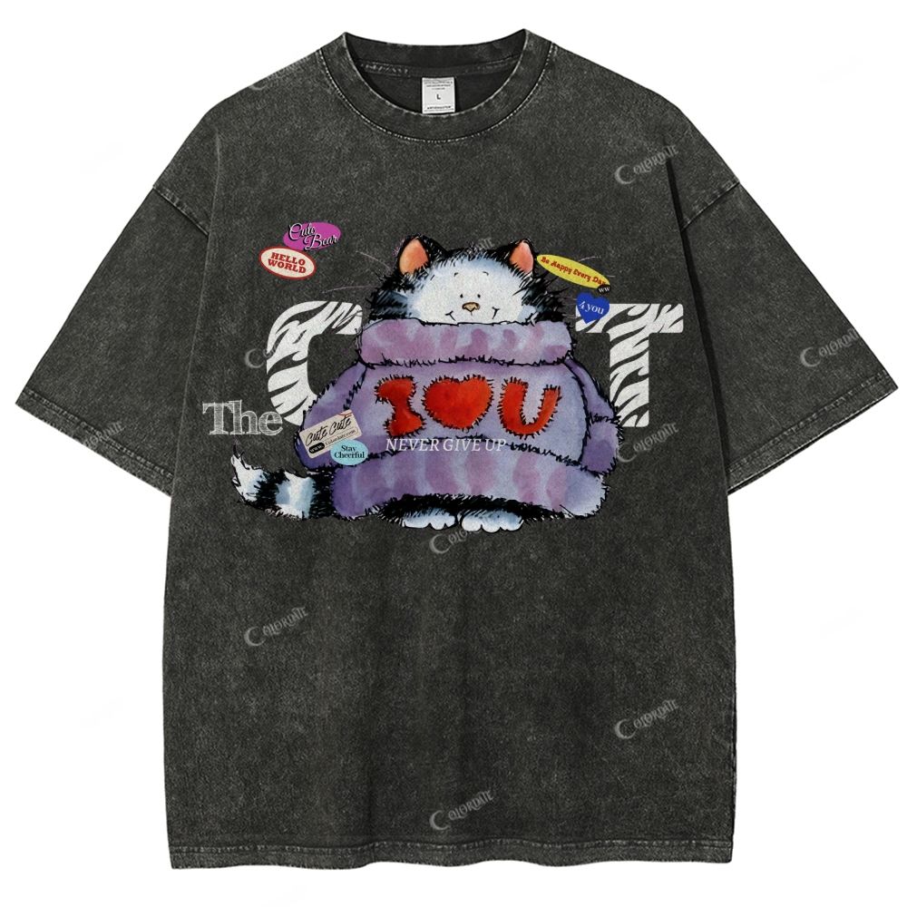 Colordate Unisex Cute Cat Printed Washed Tee