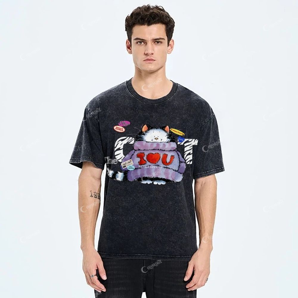 Colordate Unisex Cute Cat Printed Washed Tee