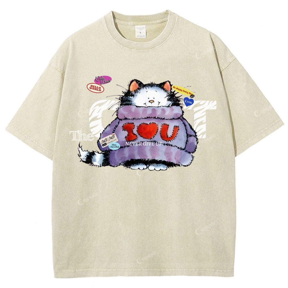 Colordate Unisex Cute Cat Printed Washed Tee
