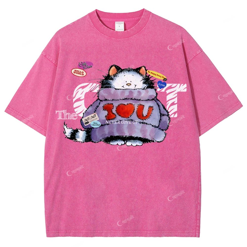 Colordate Unisex Cute Cat Printed Washed Tee