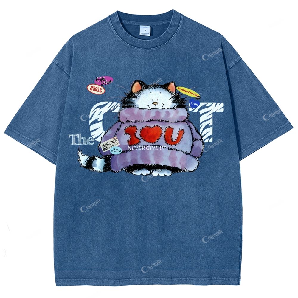 Colordate Unisex Cute Cat Printed Washed Tee
