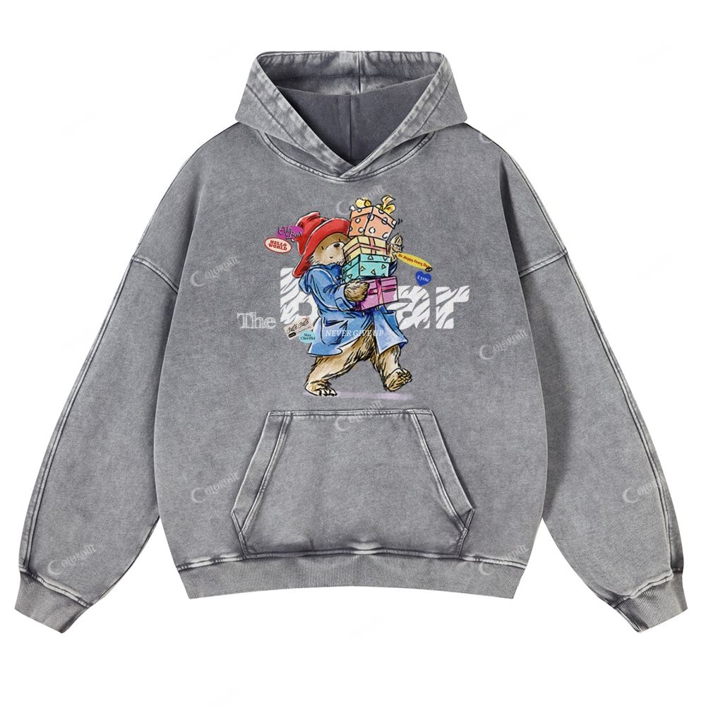 Colordate Cute Bear Print Casual Washed Hoodie