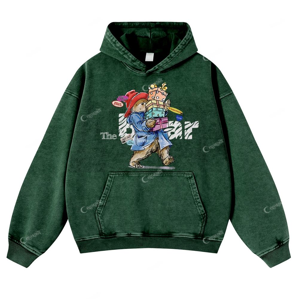 Colordate Cute Bear Print Casual Washed Hoodie