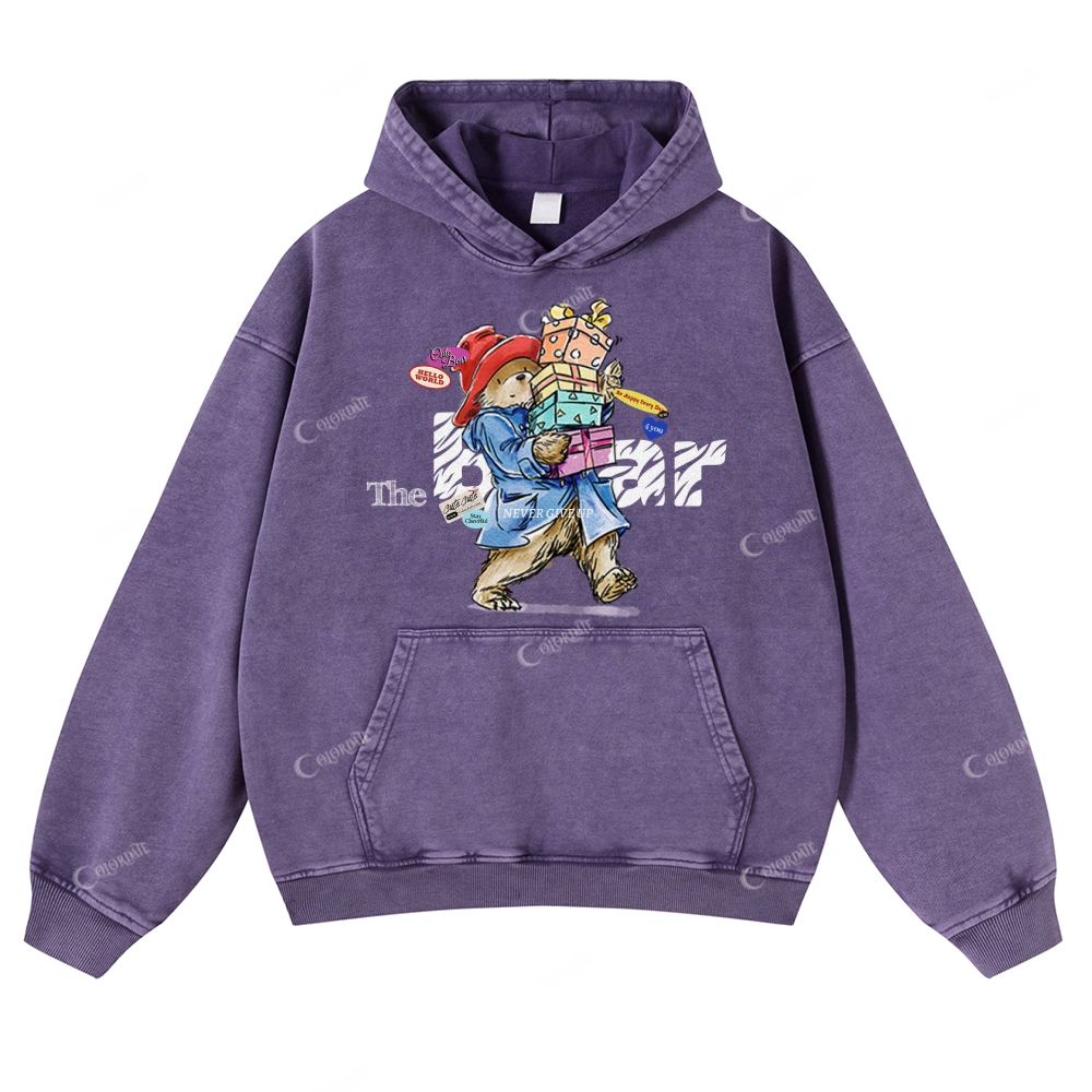 Colordate Cute Bear Print Casual Washed Hoodie