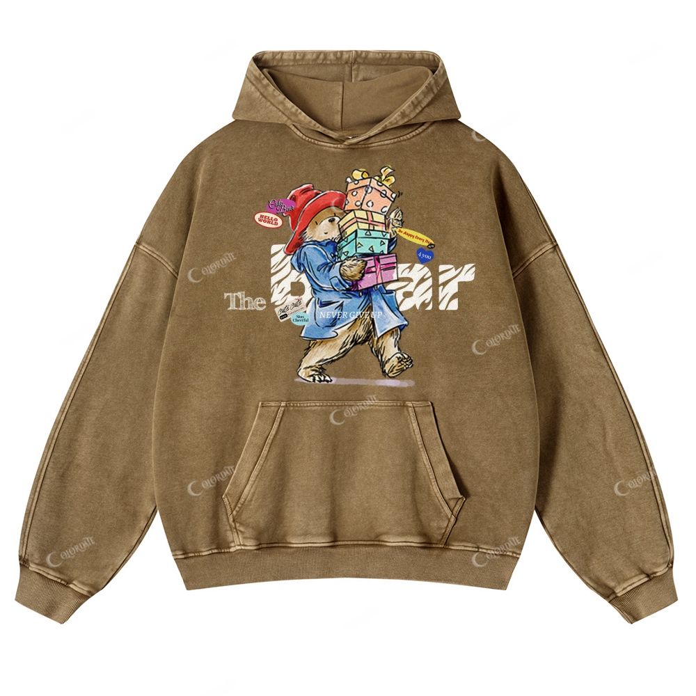 Colordate Cute Bear Print Casual Washed Hoodie