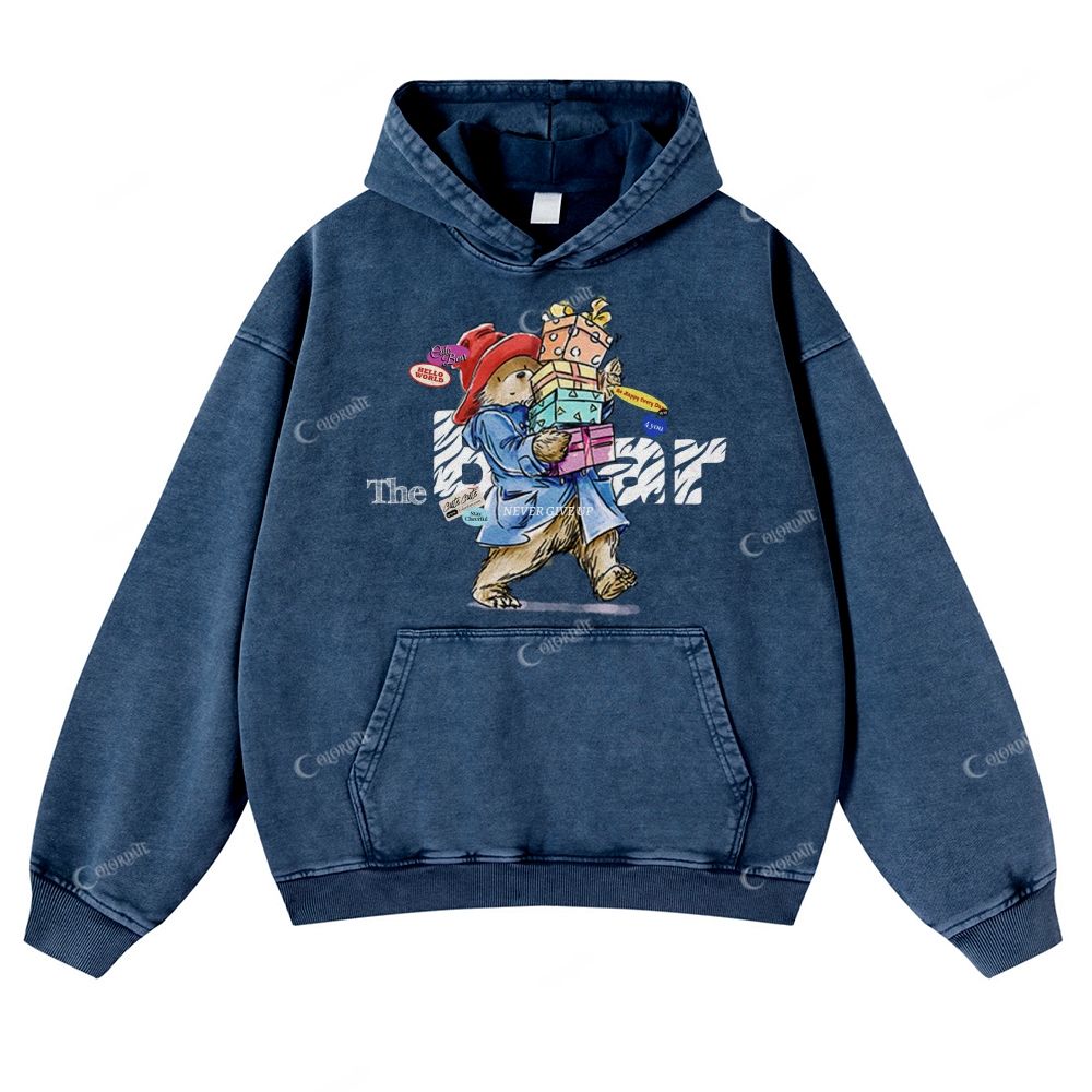 Colordate Cute Bear Print Casual Washed Hoodie