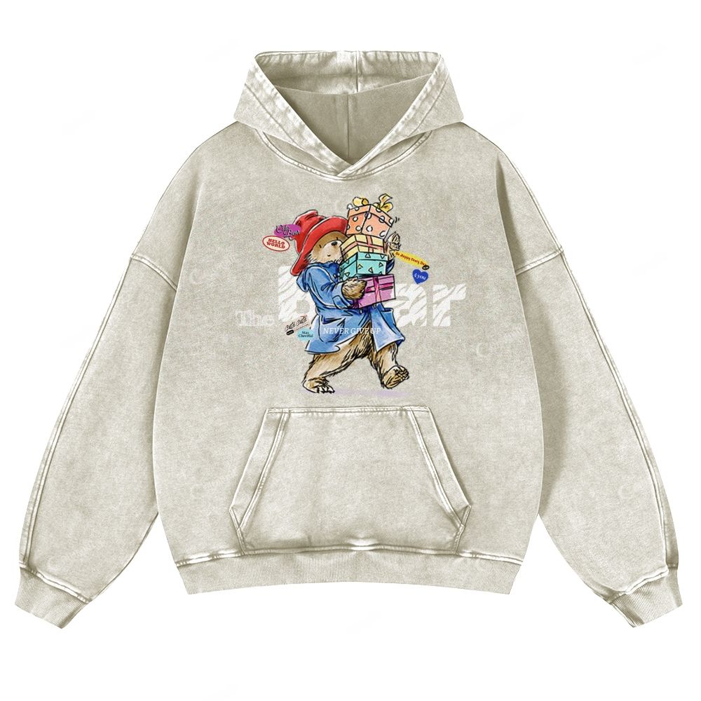 Colordate Cute Bear Print Casual Washed Hoodie