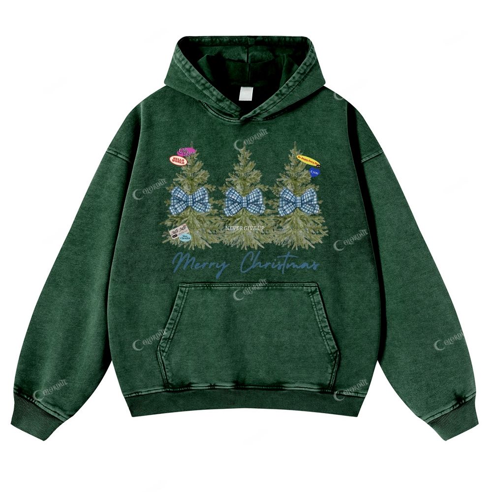 Colordate Christmas Tree Print Casual Washed Hoodie