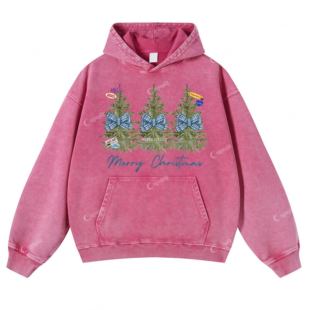 Colordate Christmas Tree Print Casual Washed Hoodie