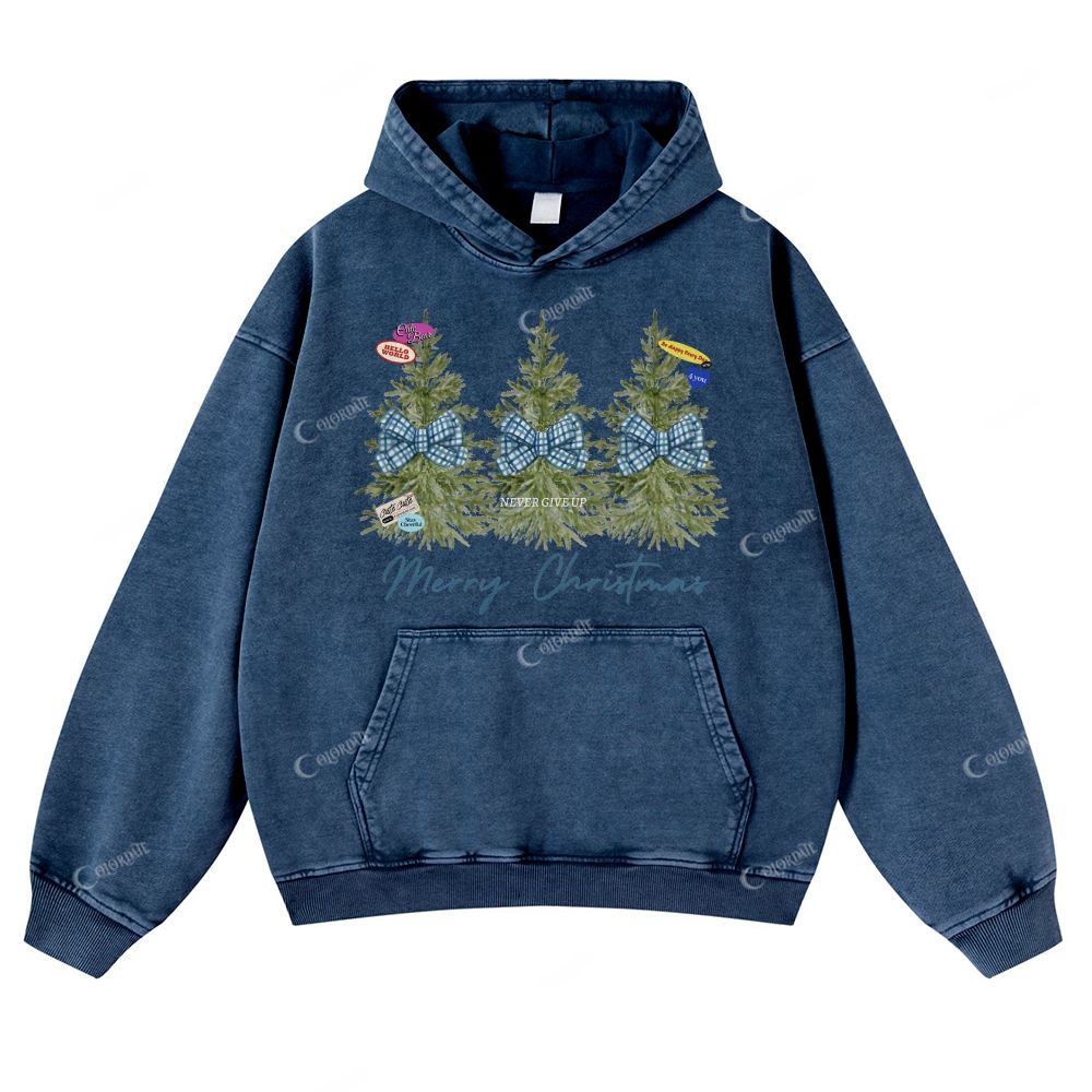 Colordate Christmas Tree Print Casual Washed Hoodie