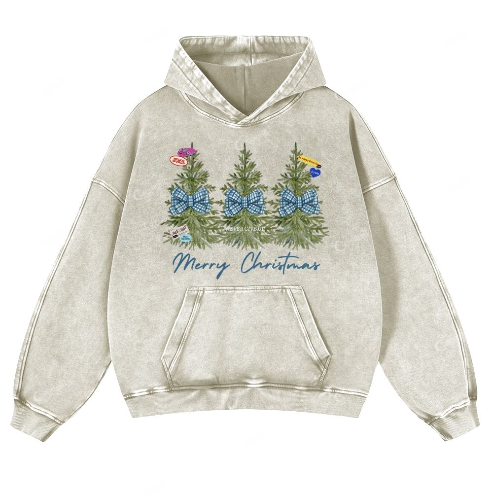 Colordate Christmas Tree Print Casual Washed Hoodie