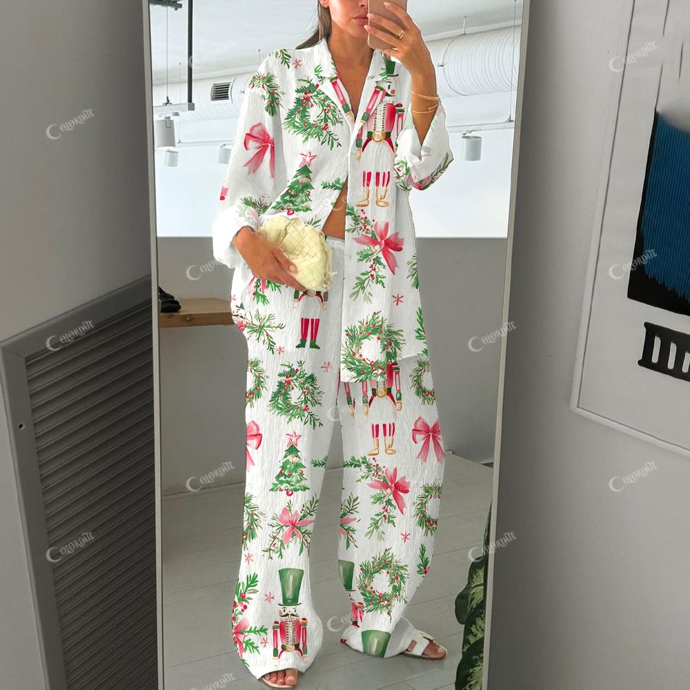 Women's Merry Christmas Bow Print Cotton Cardigan Homewear Set