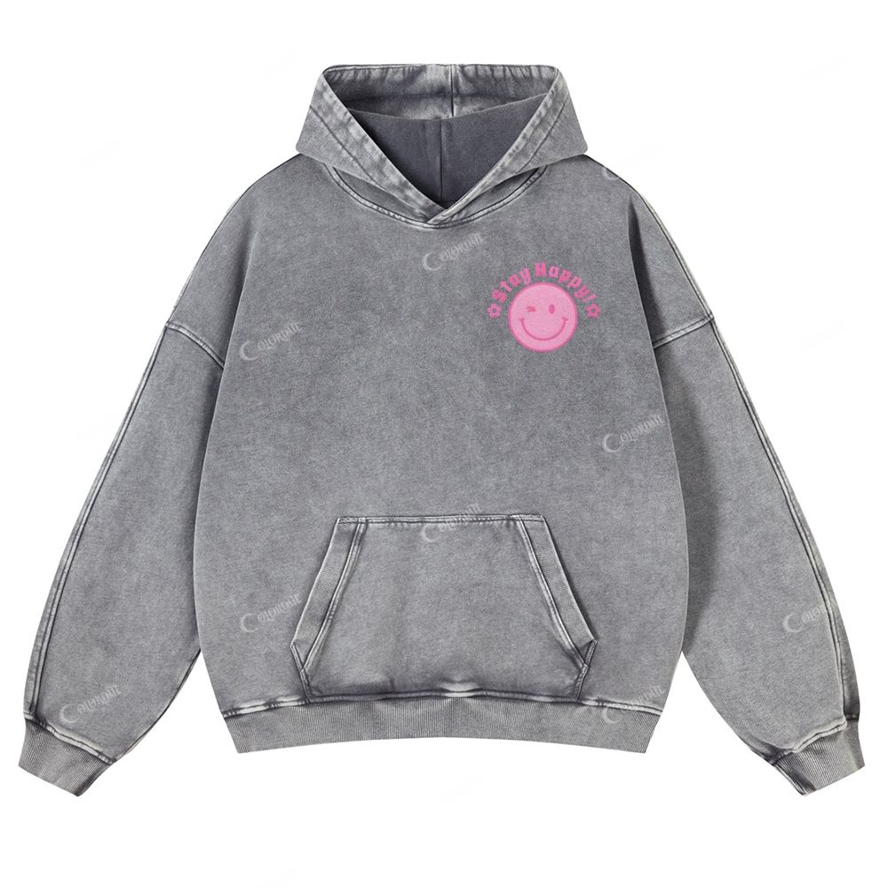 Casual Stay Happy Washed Hoodie