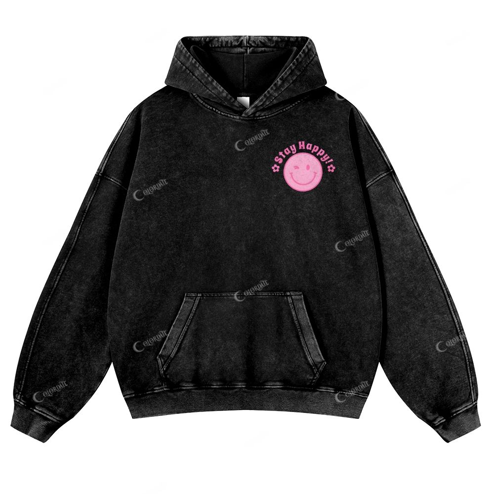 Casual Stay Happy Washed Hoodie