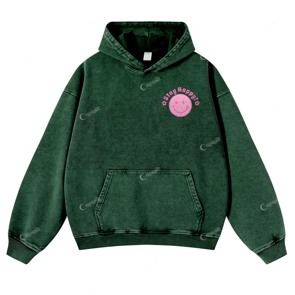 Casual Stay Happy Washed Hoodie
