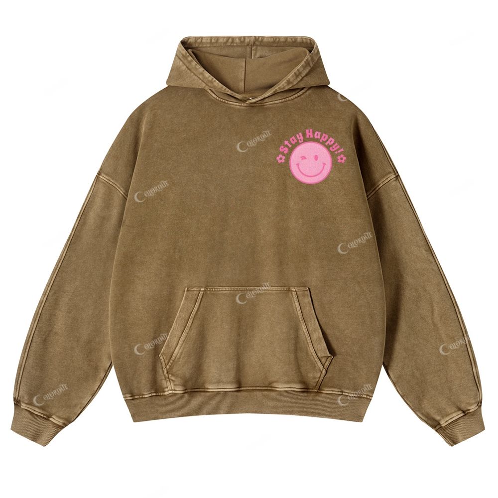 Casual Stay Happy Washed Hoodie
