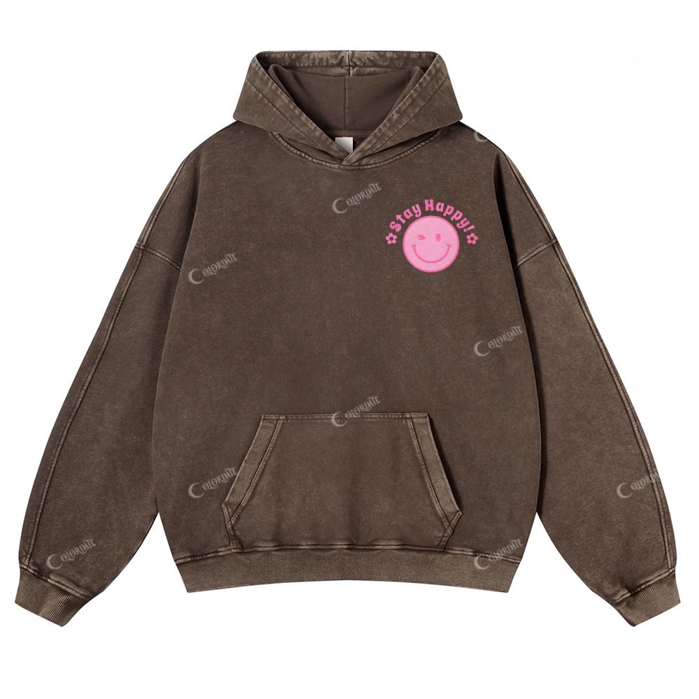 Casual Stay Happy Washed Hoodie