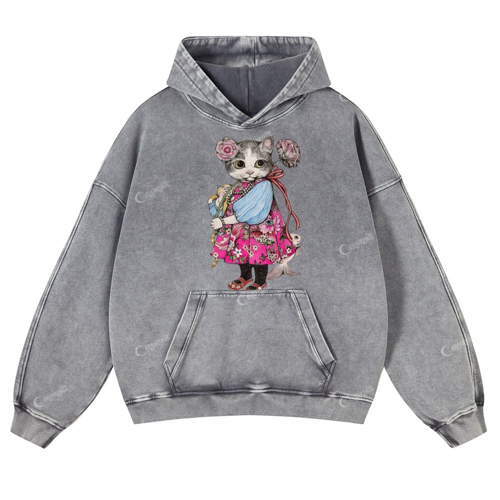Casual Miss Cat Washed Hoodie