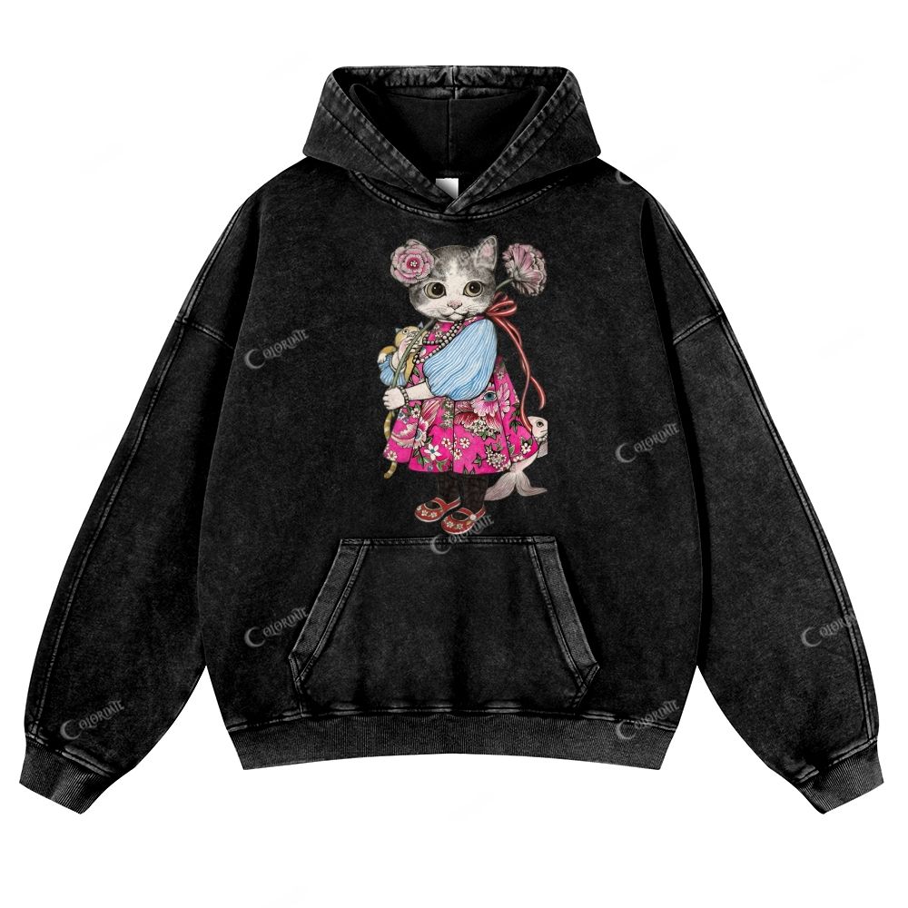 Casual Miss Cat Washed Hoodie