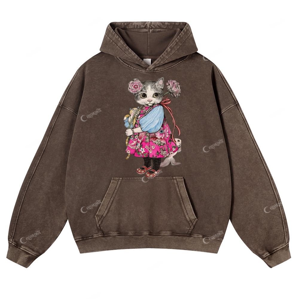 Casual Miss Cat Washed Hoodie