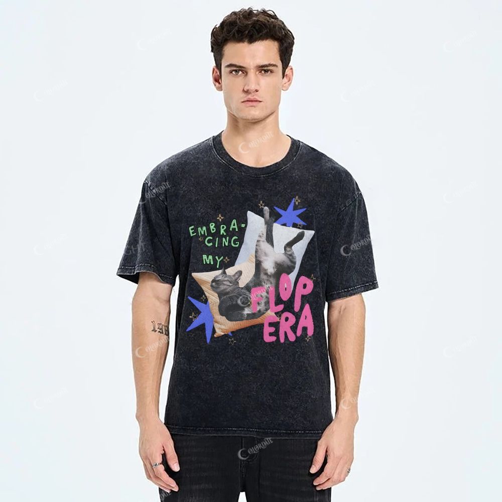 Colordate Unisex Cute Cat Printed Washed Tee