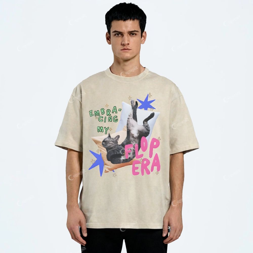 Colordate Unisex Cute Cat Printed Washed Tee