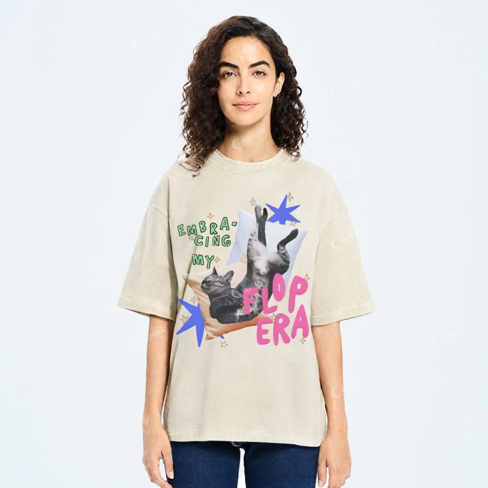 Colordate Unisex Cute Cat Printed Washed Tee