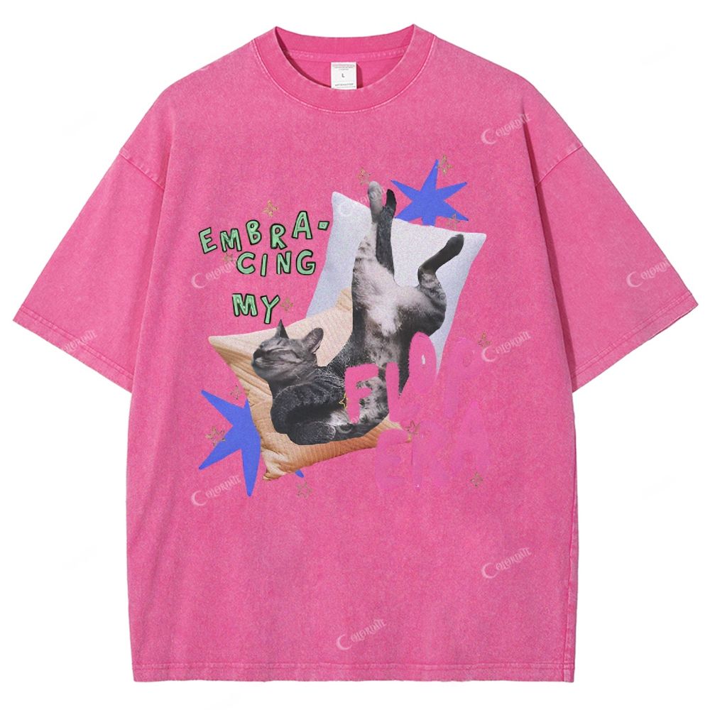 Colordate Unisex Cute Cat Printed Washed Tee