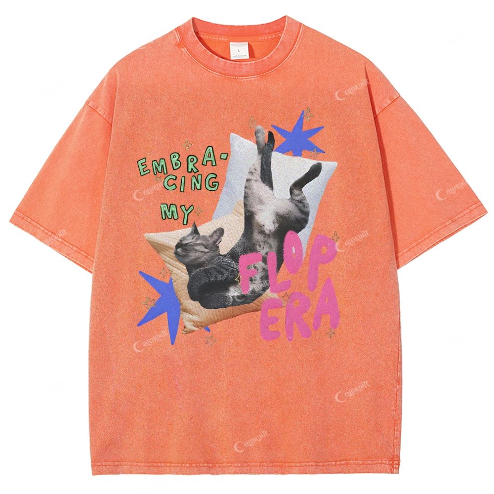 Colordate Unisex Cute Cat Printed Washed Tee