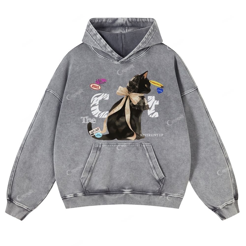 Colordate Black Cat Print Casual Washed Hoodie