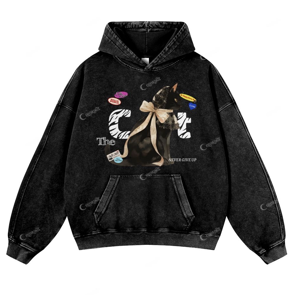 Colordate Black Cat Print Casual Washed Hoodie
