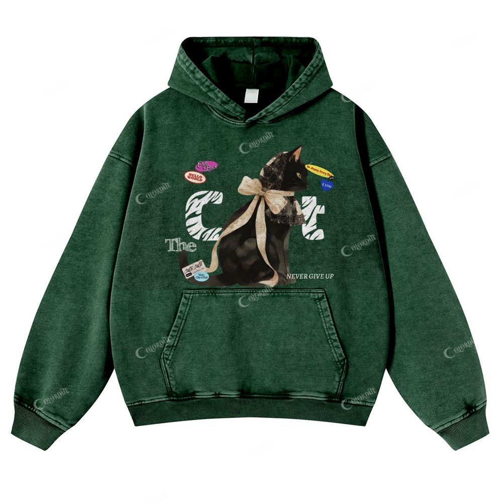 Colordate Black Cat Print Casual Washed Hoodie