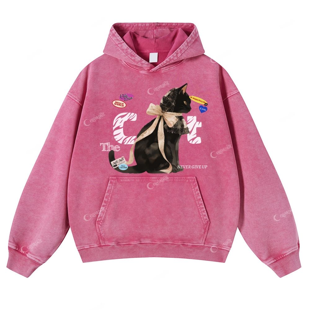 Colordate Black Cat Print Casual Washed Hoodie