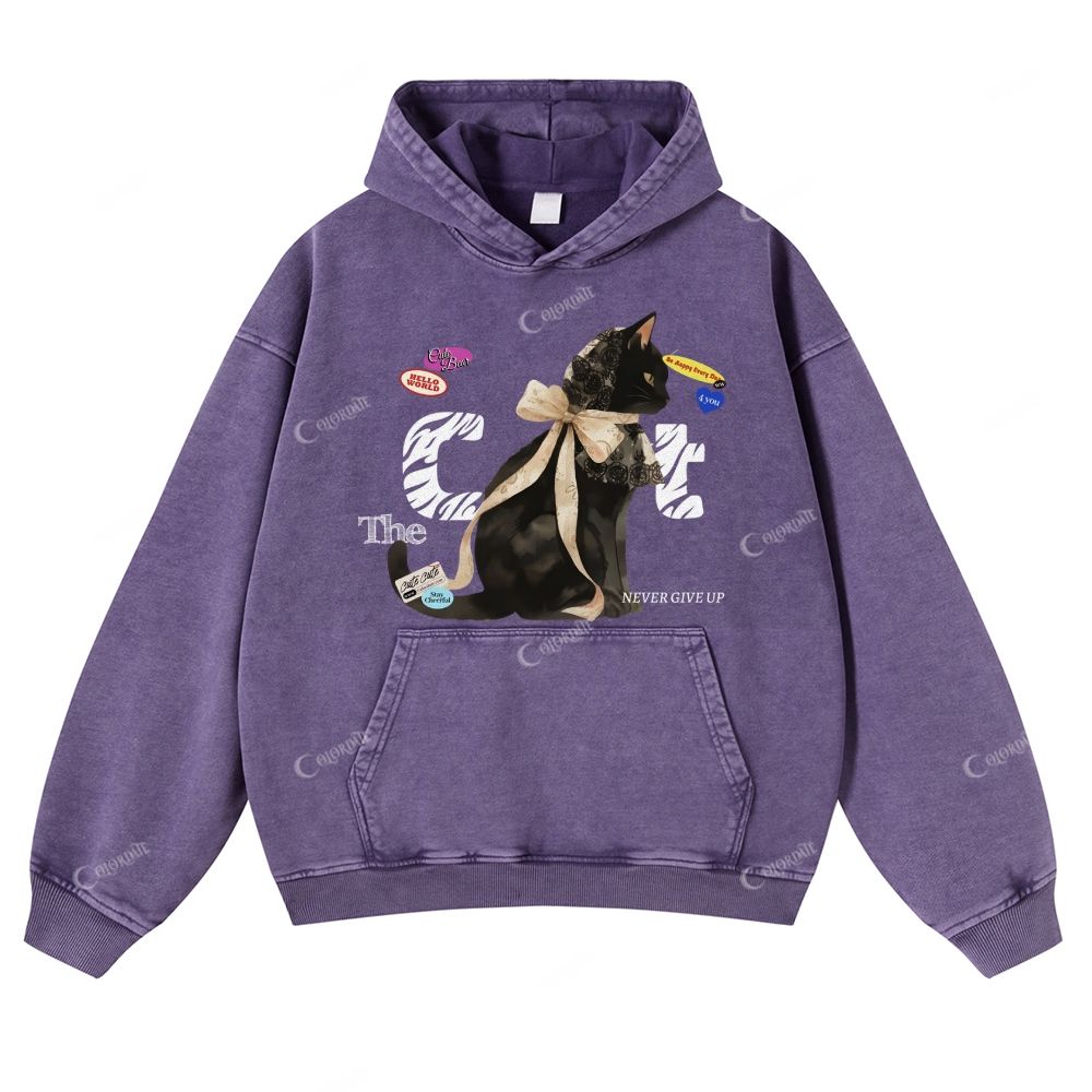 Colordate Black Cat Print Casual Washed Hoodie