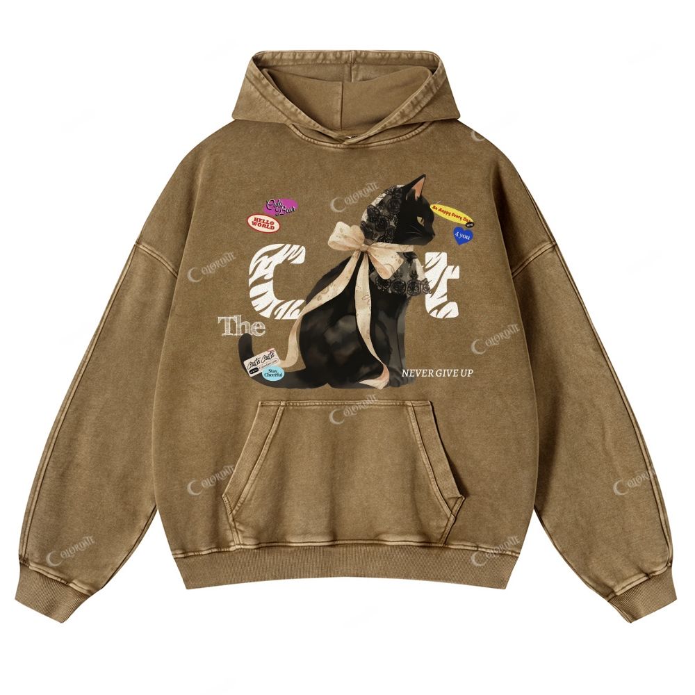 Colordate Black Cat Print Casual Washed Hoodie