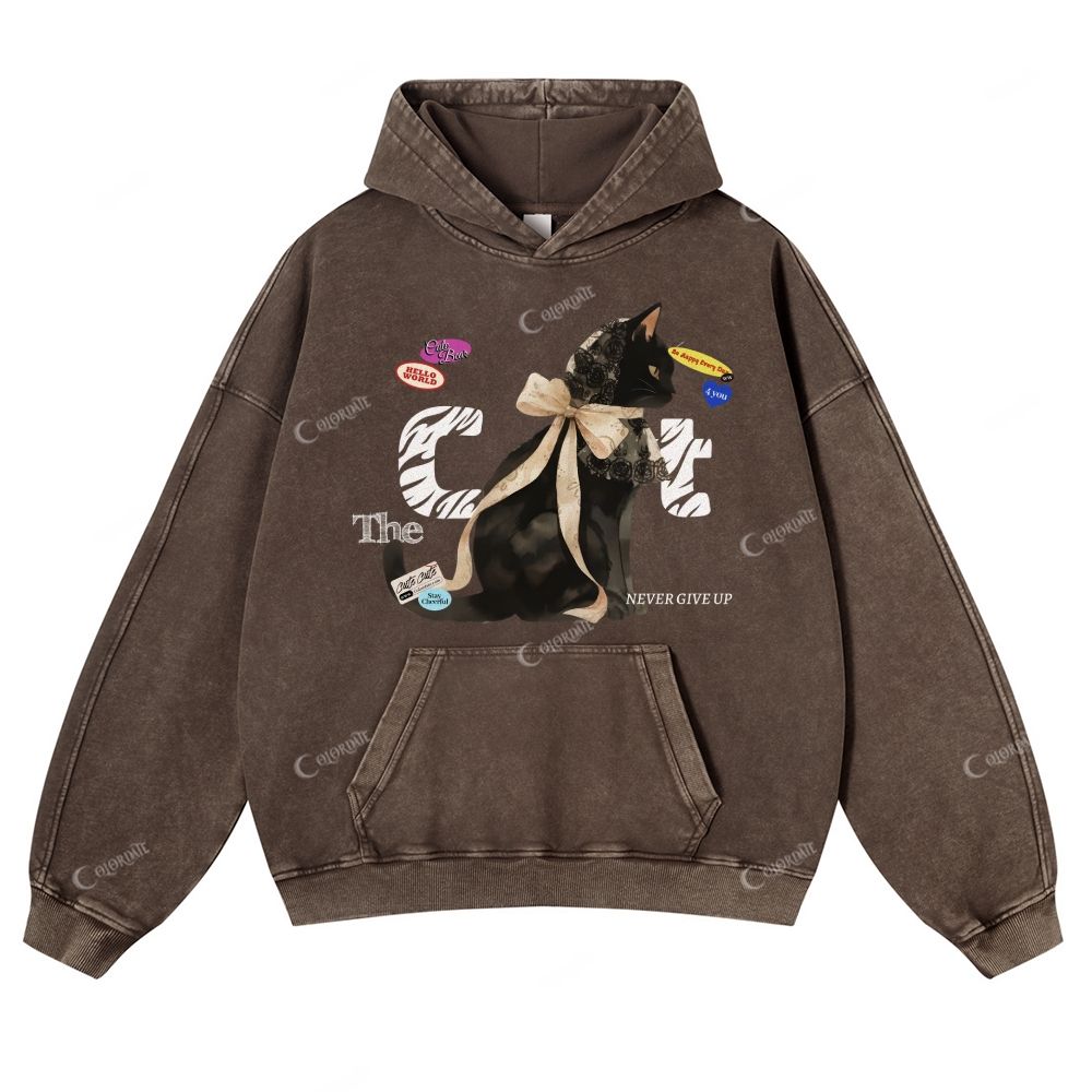 Colordate Black Cat Print Casual Washed Hoodie